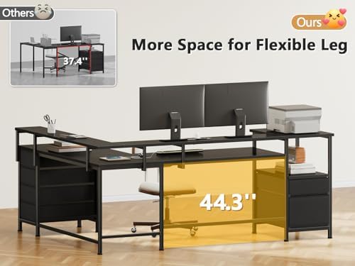 Furologee 66'' L Shaped Gaming Desk with 6 Drawers, LED, Outlets, Black - Image 6