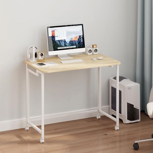 JSB Folding Desk for Small Spaces,Mobile Portable Rolling Laptop PC Table on Wheels,Foldable Computer Desk for Home Office,Bedroom,Dorm,Space Saving (Natural & White, 27.6") - Image 6