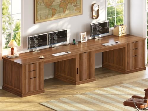 SEDETA Fluted 110.3" Two Person Long Desk with 7 Drawers, Brown by SEDETA