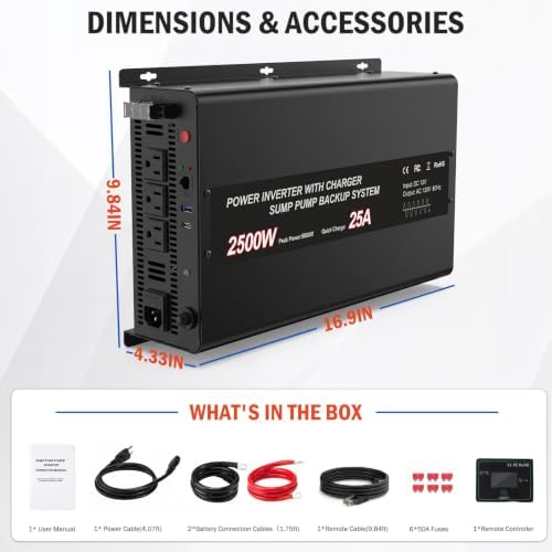 Sump Pump Battery Backup System, 2500W Pure Sine Wave Inverter with Remote Control & LCD Screen, Auto Switches to Battery Power, for Basement Flood Protection & Power Outage Emergency - Image 7