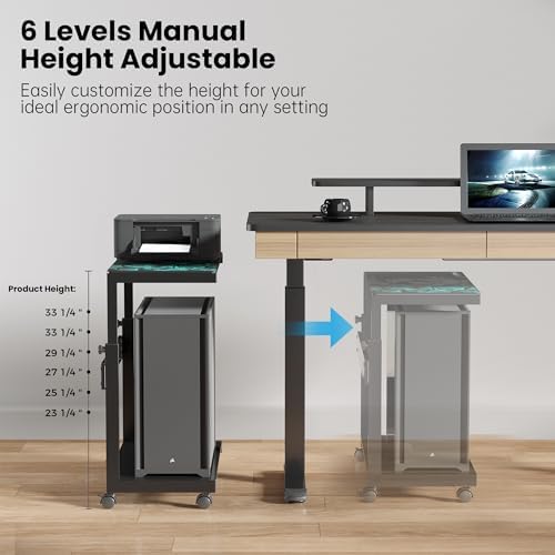 EUREKA ERGONOMIC PC Stand Computer Cart Frosted Glass, Height Adjustable Tower Stand 2-Tier Suit for ATX Case Printer, Metal Rolling Cart on Wheels for Gaming Home Office, Black - Image 7