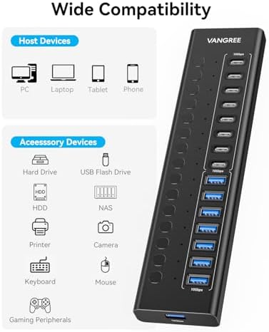 VANGREE Powered USB Hub,16 Ports 10Gbps USB C Hub, 8*USB-A 3.2+8*USB-C 3.2 - Image 7