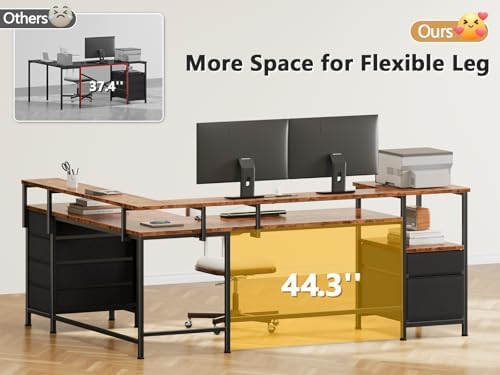 Furologee 66'' L Shaped Computer Desk with 6 Drawers & LED, Rustic Brown - Image 6