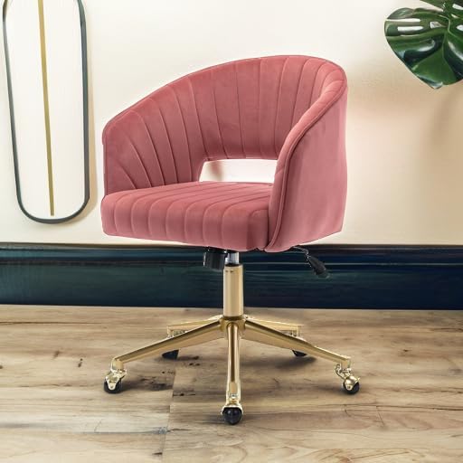 Nrizc Velvet Home Office & Living Room Desk Chairs with Adjustable Swivel Wheels, Ergonomic Upholstered Office Chair for Bedroom, Vanity Study (Rose) - Image 6