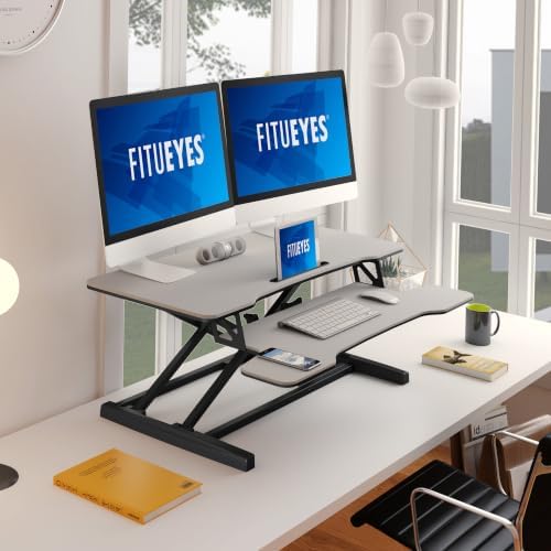 FITUEYES Height Adjustable Standing Desk 36” Wide Sit to Stand Converter Stand Up Desk Tabletop Workstation for Laptops Dual Monitor Riser White SD309103WW - Image 6