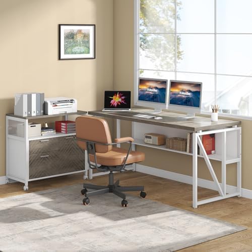Tribesigns L Shaped Desk with Drawer Cabinet, 63" Executive Computer Desk and lateral File Cabinet, 2 Piece Home Office Furniture with Drawers for Hanging File, Doors with Locks (Dark Oak, 63-inches) - Image 7