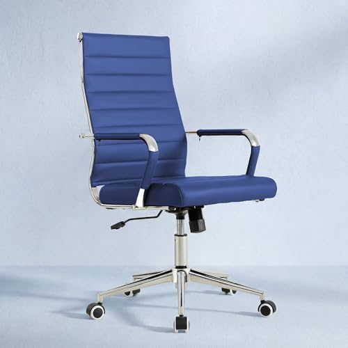 Okeysen Navy Blue Office Desk Chair, Ergonomic Leather Modern Conference Room Chairs, Executive Ribbed Height Adjustable Swivel Rolling Chair for Home Office. - Image 7