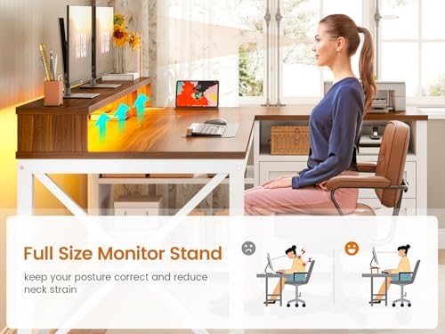 SEDETA Farmhouse L Shaped Desk, 55" Home Office Desk with Drawers and Storage Shelves, L Shaped Gaming Desk with LED Lights, Power Outlet and Monitor Shelf, Brown - Image 6