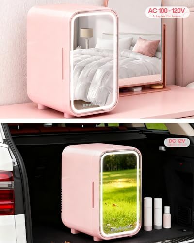 Enventor Mini Fridge with Dimmable LED Mirror, 6L/ 8 Can, AC/DC Power, Pink - Image 7