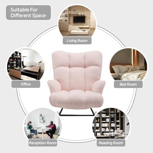 SAETSFEG Rocking Chair Nursery Teddy Upholstered Glider Rocker Rocking Accent Chair Padded Seat with High Backrest Armchair Comfy Side Chair for Living Room Bedroom Offices (Pink Teddy) - Image 6