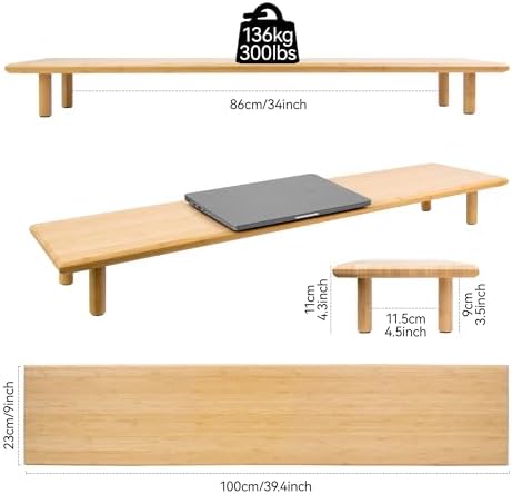 Bamboo Dual Monitor Stand Riser, Natural Desk Shelf with Storage - Image 6