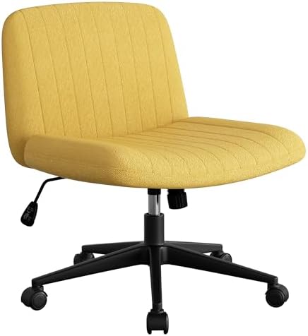 SUNLEI Cross Legged Office Chair with Wheels, Armless Wide Chair's for Vanity Desk, Criss Cross Comfy Chairs with Back, Desk Chair/s of Height Adjustable Swivel, Yellow - Image 6