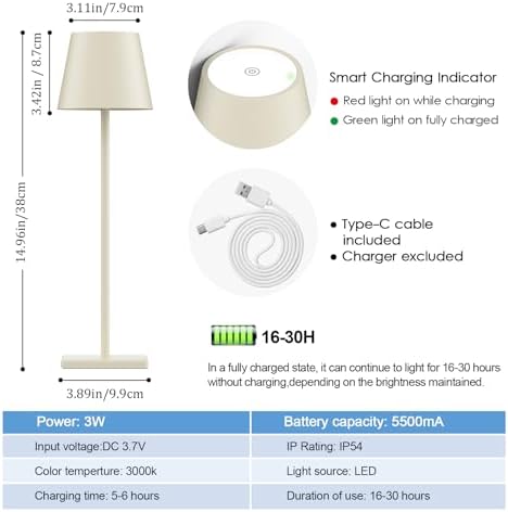 Off White Cordless Table Lamp, 5000mAh LED Rechargeable Desk Lamp - Image 7