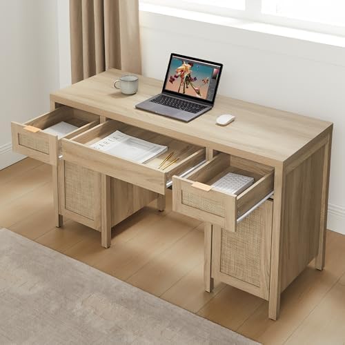 SICOTAS Rattan Home Office Desk with Storage, 52" Boho Executive Desk - Image 6