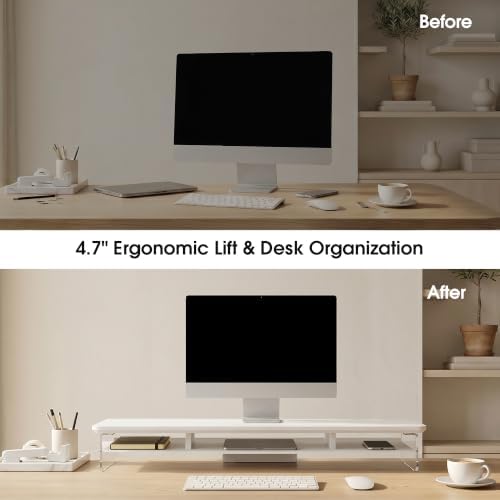 Fenge 42.5" Dual Monitor Stand with Clear Acrylic Legs, White - Image 6