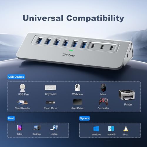 Powered USB Hub 10Gbps, intpw YH6AC 9-Port USB 3.2 Hub (USB A/USB-C 3.2, 4 USB 3.0, 2 PD 45W Charging Ports), 65W Power Adapter + 3.3FT Cable, Aluminum USB Hub for PC/Laptop, iPhone 17/16/15 - Image 7