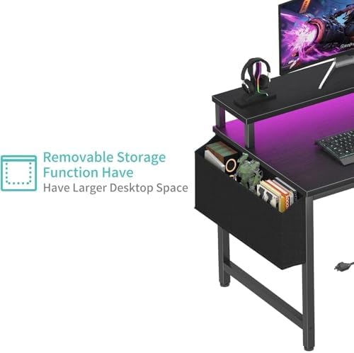 Lufeiya Small Desk with Power Outlets and LED Lights, 32 Inch Teen Writing Study Table Home Office Computer Desks with Monitor Stand, Gaming Desk with Charging Station, Black - Image 7