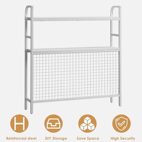 Desk Shelf, 36.8” Desktop Organizer Shelf with Grid Panel and Hooks, Desk Hutch for Computer Monitor, 2 Tier Desk Display Rack Wood Desktop Bookshelf Storage for Home Office Dorm (White, 36.8") - Image 7