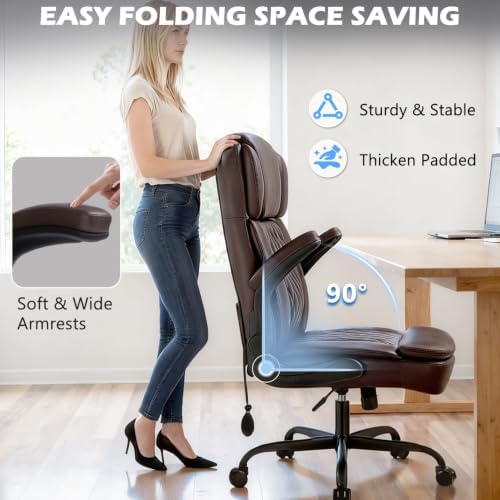 450LBS Big and Tall Executive Office Chair with Flip up Arm,Heavy Duty PU Leather Computer Desk Chair,Comfortable High Back Swivel Home Office Chair with Rolling for Adults,Spring Cushion,Metal Base - Image 7