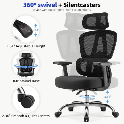 Office Chair Ergonomic Desk Chair Breathable Mesh Chair with Lumbar Support & Headrest, Black Office Chair 330 Lbs Home Computer Chair Thickened Cushion for Adults & Women (Small Chair) - Image 7