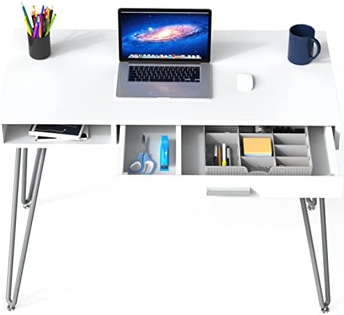 SHW Home Office Computer Hairpin Leg Desk with Drawer, White - Image 6