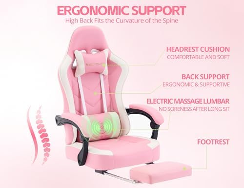 Office Desk Computer Gaming Chair for Adults, Ergonomic High Back Gamer Chair with Massage and Pocket Spring Cushion, Swivel Comfy Video Game Chairs with Footrest and Lumbar Support (Pink White) - Image 6