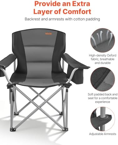 VEVOR Oversized Camping Folding Chair, Portable Heavy Duty Outdoor Quad Lumbar Back Padded with Side Pockets, Cup Holder and Cooler Bag for Beach, Lawn, Picnic, Fishing, Backpacking, 2 Pack - Image 7