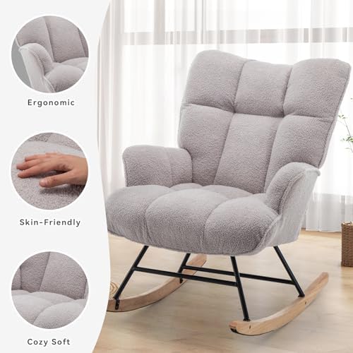 SAETSFEG Rocking Chair Nursery Teddy Upholstered Glider Rocker Rocking Accent Chair Padded Seat with High Backrest Armchair Comfy Side Chair for Living Room Bedroom Offices (Grey Teddy) - Image 6