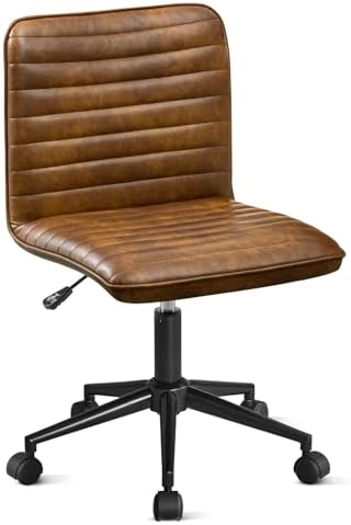 Furniliving Leather Office Chair with Wheels Armless Vanity Desk Chair 360° Swivel Computer Rolling Chair with Mid Back, Height Adjustable Accent Chairs with Gold Metal Base Stool, PU YellowBrown - Image 6
