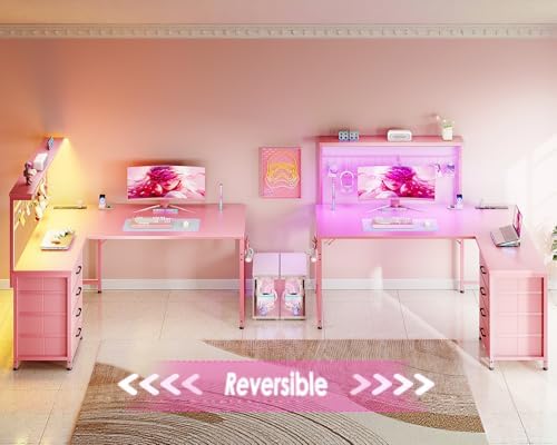 MOTPK 51" L Shaped Gaming Desk with Shelf & 4 Drawers, Carbon Fiber Pink - Image 7