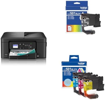 Bundle of Brother Work Smart 1360 Wireless Color Inkjet All-in-One Printer (MFC-J1360DW) + Brother Genuine LC501XLBK High Yield Black Ink Cartridge & LC501XL3PK 3-Pack High Yield Color Ink Cartridges by Brother