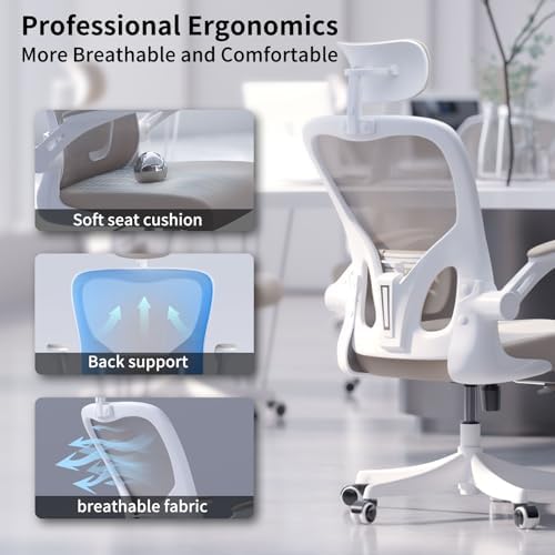 Monhey Office Chair Ergonomic Desk Chair with Lumbar Support&Headrest&Flip-up Arms Height Adjustable Rocking Swivel Computer Chair Multi-Angle from 90° to 125° with 350LBS Capacity (02White+Khaki) - Image 6