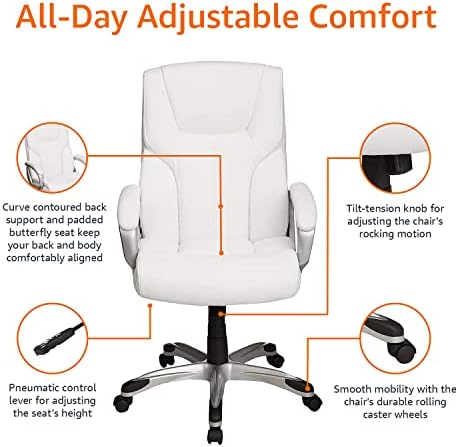 Amazon Basics Executive High Back Office Desk Chair, Adjustable Height, Tilt, Swivel, 275lb Capacity, Bonded Leather, White/Pewter - Image 6