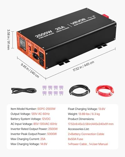 VEVOR 2500W Sump Pump Battery Backup System, LCD Display, Auto Switches to Battery Inverter Power for Sump Pump, Pure Sine Wave, for Basement Protection Emergency and Power Outage, Battery Not Include - Image 7