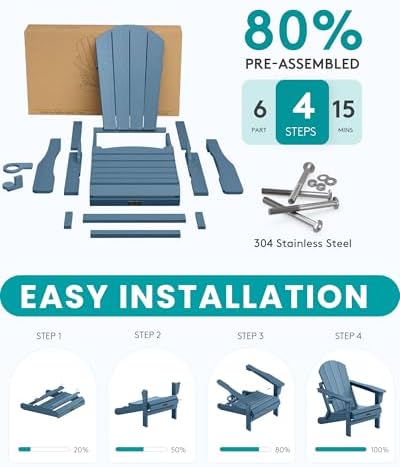 SERWALL Folding Adirondack Chair with Cup Holder Set of 6 for Outdoor -Blue - Image 6
