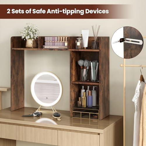 LDAILY Desktop Shelf, Multipurpose Wood Desk Hutch for Max 27" Computer Monitor, Countertop Storage Hutch with 5 Shelves, 3 Tier Desktop Display Rack for Dorm Office Home (Rustic Brown) - Image 6