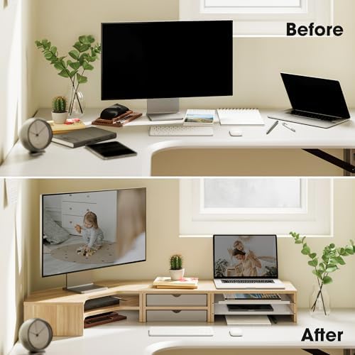 Fenge Dual Monitor Stand, Corner Desk Shelf with Drawer & Slide-Out Tray - Image 6