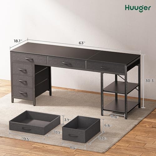 Huuger Computer Desk with 6 Drawers, Office Desk with Shelves, Reversible Gaming Desk, Corner Desk with Storage, Work for Home Office, Study, Living Room, 63inch, Black - Image 7
