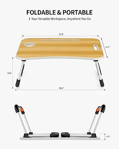 FISYOD Foldable Laptop Table, Portable Lap Desk Bed Table Tray, Laptop Stand with Cup Holder & Tablet Slot & Lifting Handle for Working Writing Drawing & Eating (Wood) - Image 6
