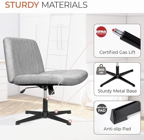Orange Factory Criss Cross Chair, Wide Fabric Vanity Seat, Grey No Wheel - Image 7