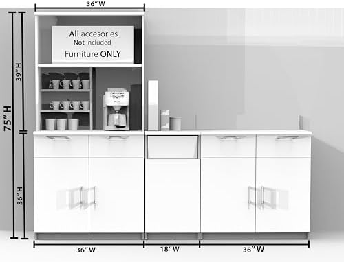 BREAKtime Breakroom Cabinet with 4-Door Storage, Trash Bin Compartment & Upper Hutch, Microwave Space, Fully Assembled, 90" W x 24" D x 75" H, Trash Bin Included, Appliances Not Included, Beech - Image 5