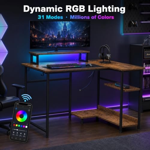 DEVAISE Compact 43 Inch L Shaped Gaming Desk with LED Lights, Rustic Brown - Image 6