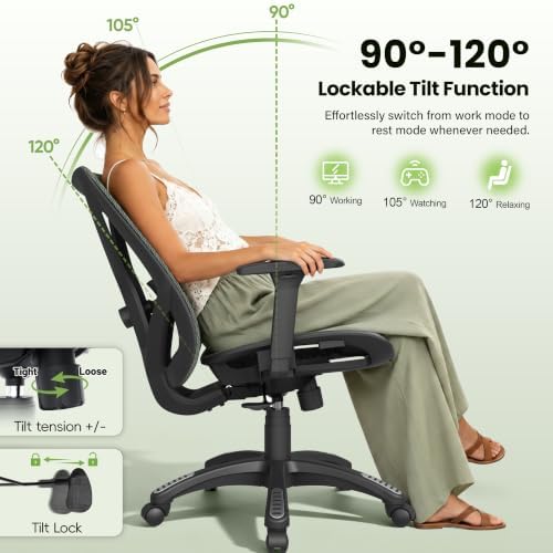 Ergonomic Office Chair, Mesh Computer Desk Chairs with BIFMA X5.1 Certified, Adjustable Lumbar Support, 3D Arm, Tilt Back, Wide Seat, Comfy Swivel Work Task Chair for Company and Home (Forest Green) - Image 7