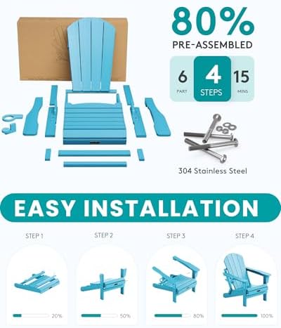 SERWALL Folding Adirondack Chairs Set of 6 with Cup Holders - Light Blue - Image 6