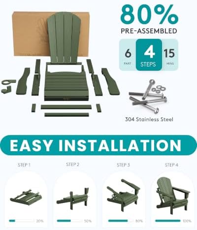 SERWALL Folding Adirondack Chair Set of 6, Lawn Chairs with Cup Holder-Army - Image 6