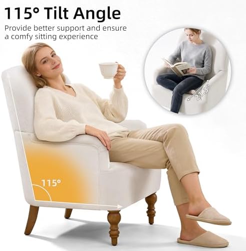 Modern Wingback Accent Chair, Upholstered Fabric Living Room Armchair with Wood Legs, Single Sofa Lounge Chair for Bedroom, Office & Reading Room (1, Beige) - Image 6
