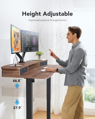HUANUO 60″ x 30″ Electric Standing Desk with 2 Drawers, C-Clamp Mount Compatible, Height Adjustable Computer Desk, Home Office Stand Up Desk with 4 Preset Heights & 2 Hooks, Walnut - Image 6