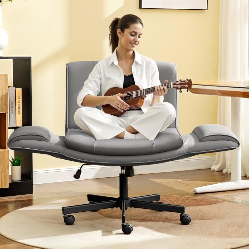 HeroSet Criss Cross Chair with Wheels & Armrests,Comfy Wide Vanity Chair,Scratch-Resistant Pu Leather Cross Legged Desk Chair,Height Adjustable Computer Office Desk Chairs for Home,Makeup,Bedroom - Image 6