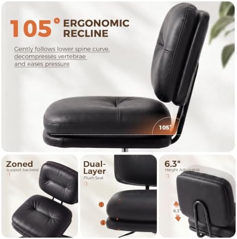 COMHOMA Home Office Desk Chair with Comfy Lumbar Support, Small Vanity Chair with Wheel for Bedroom, Thick Padded & Armless, 19.1"-25.4" Height Adjustable, Soft PU Leather, Black - Image 7