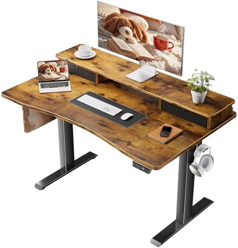 Veken Standing Desk with 3 Drawers and Raised Storage Shelf, Electric Height Adjustable Sit Stand Table, Ergonomic Office Computer Desks for Workstation, Home, Study, Writing, Gaming, 47.2 Inch, Brown by Veken